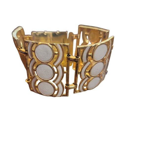 Vintage Gold White Enamel Link Bracelet Retro Geometric Design Bold Statement - Picture 5 of 7
